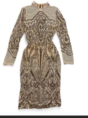 Fashion Nova Gold Sequin Long Sleeve Sheath Dress